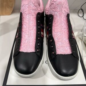Gucci Pink and Black Lace Sneakers